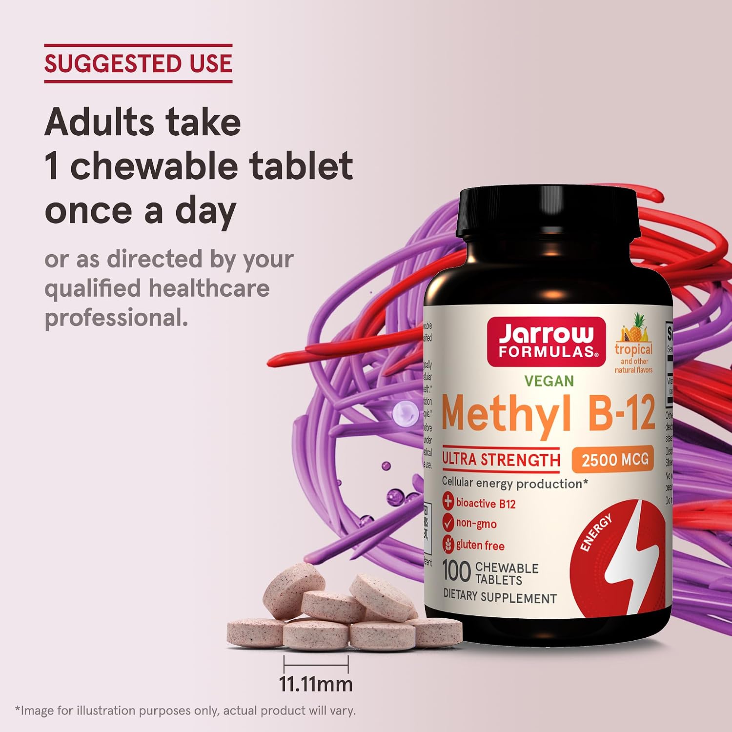 Jarrow Formulas Ultra Strength Methyl B-12 2500 mcg - 100 Comprimidos Masticables Sabor Tropical