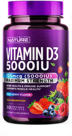 Built by Nature Vitamina D3 Masticable 5000 UI, 60 Comprimidos - Sin Azúcar, Sabor Natural a Bayas
