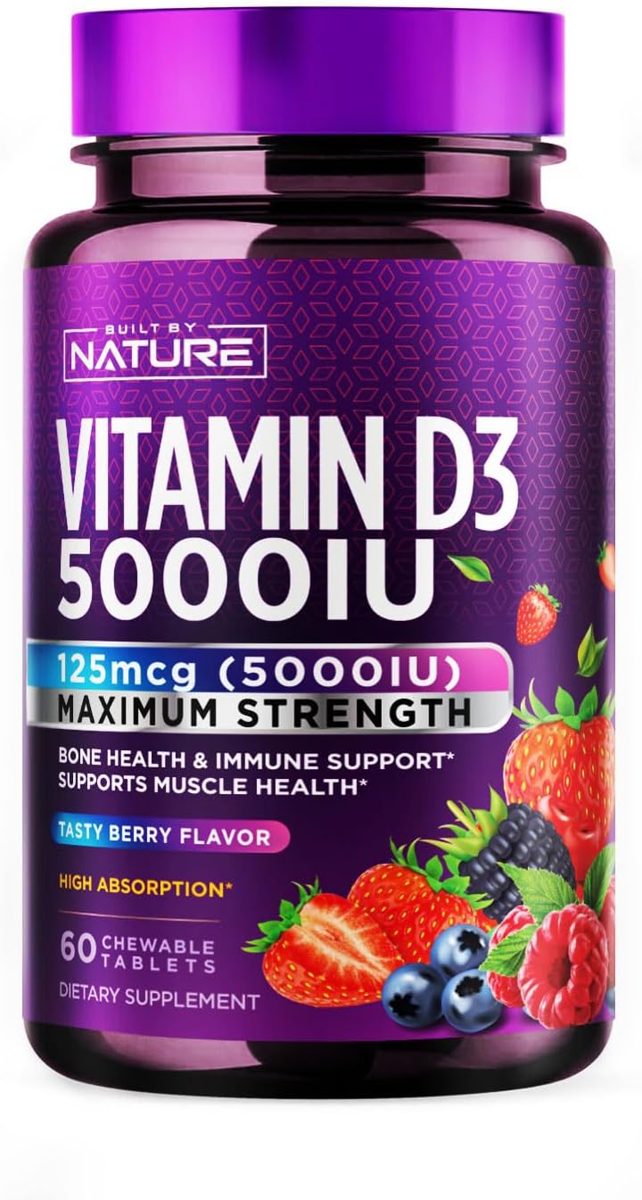 Built by Nature Vitamina D3 Masticable 5000 UI, 60 Comprimidos - Sin Azúcar, Sabor Natural a Bayas