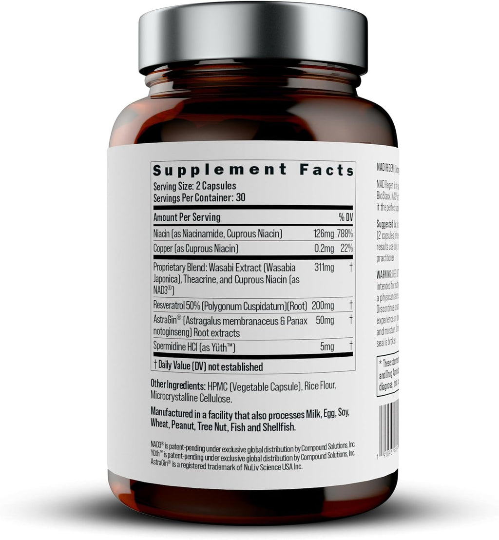BIOSTACK NAD Regen | Suplemento NAD3 con Yüth Spermidine, Resveratrol y Niacinamida | Alternativa a NMN para Energía, Antienvejecimiento y Longevidad | 30 Días