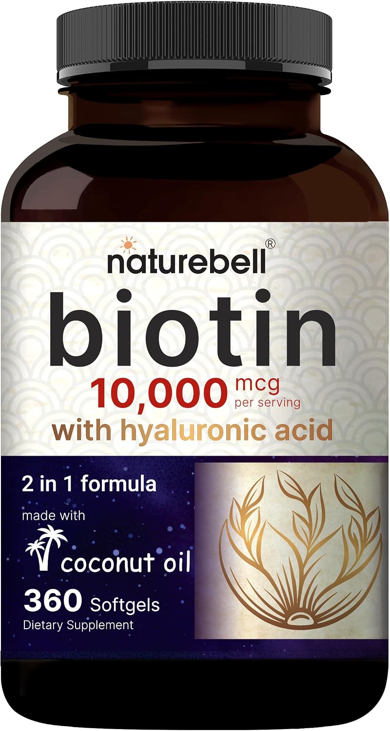 NatureBell Biotina 10000mcg + Ácido Hialurónico 25mg | 360 Cápsulas Blandas de Aceite de Coco