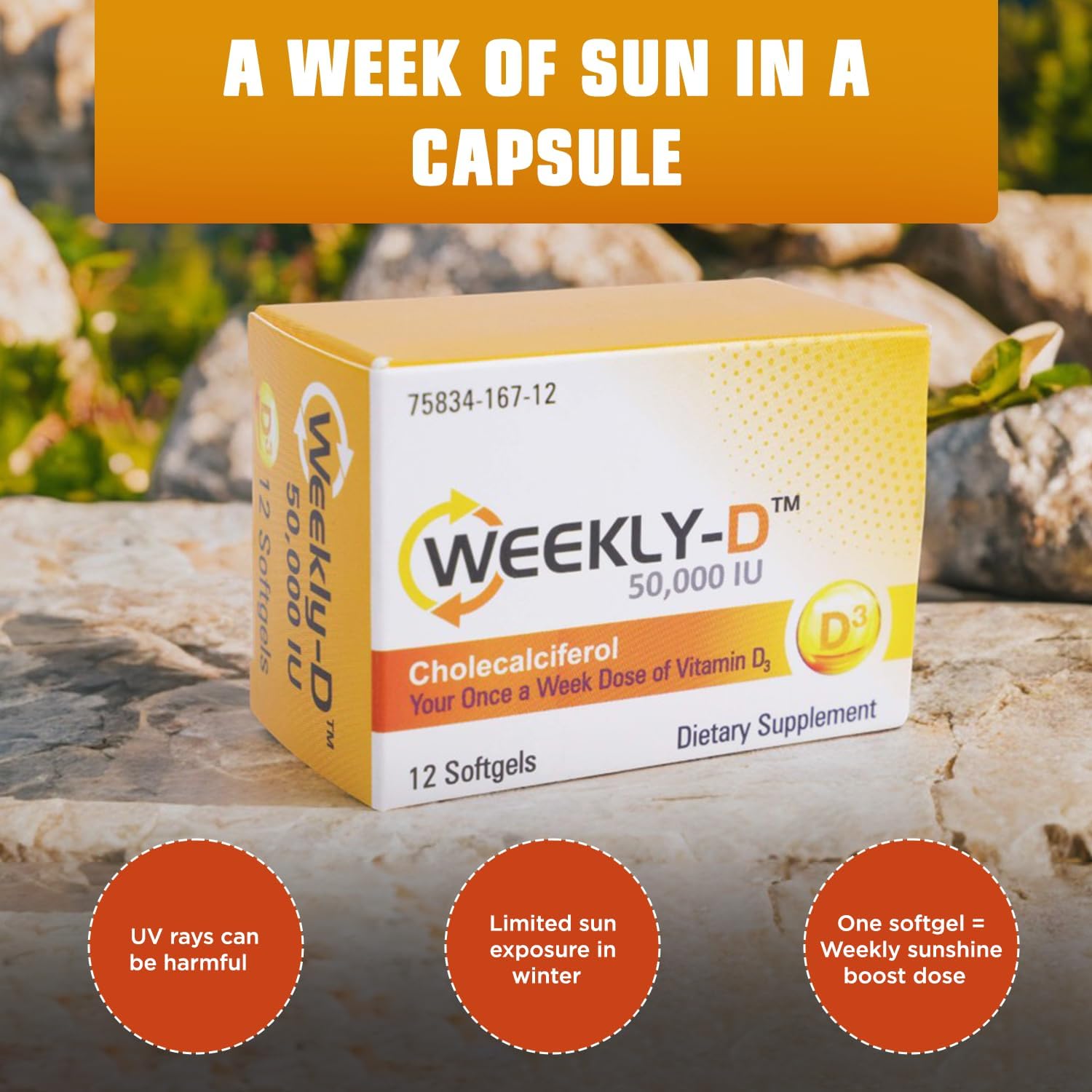 Nivagen Weekly-D Vitamina D3 50.000 IU (Colecalciferol) - Softgels Semanales de Alta Potencia - 12 Softgels
