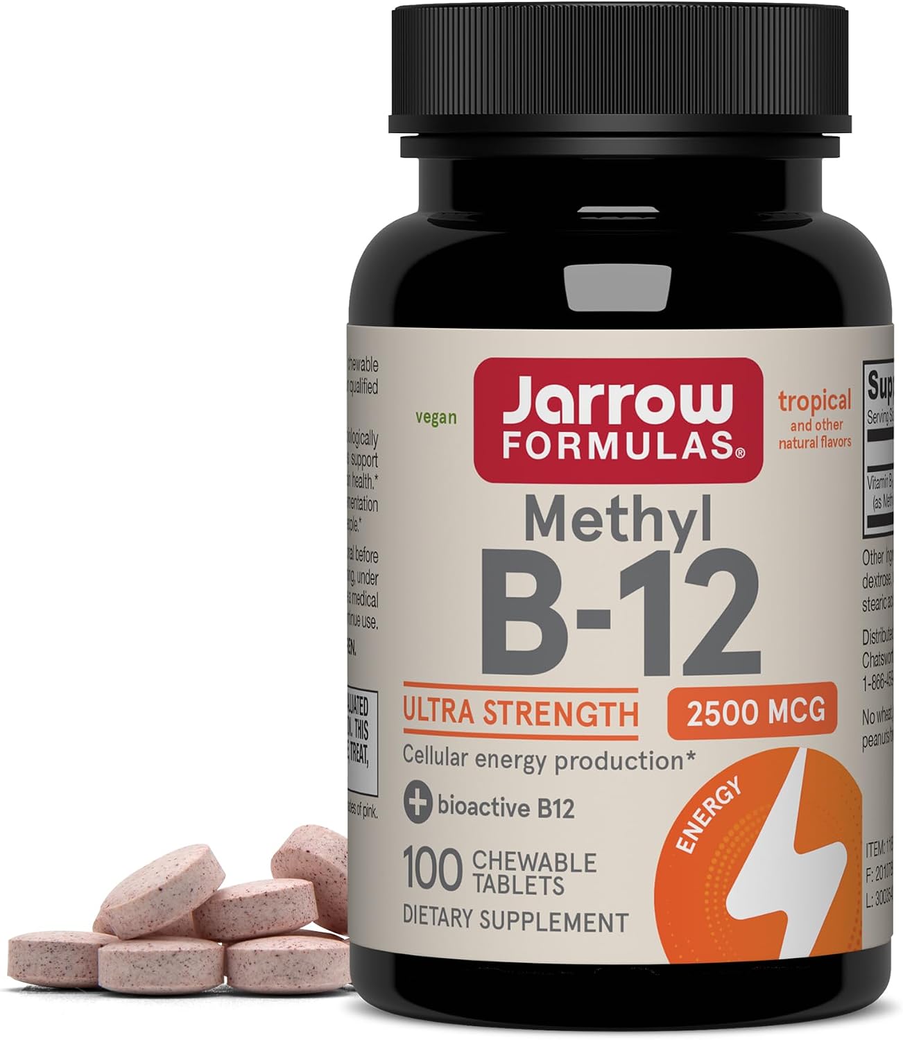 Jarrow Formulas Metil B12 2500 mcg – 100 Comprimidos Masticables Sabor Tropical