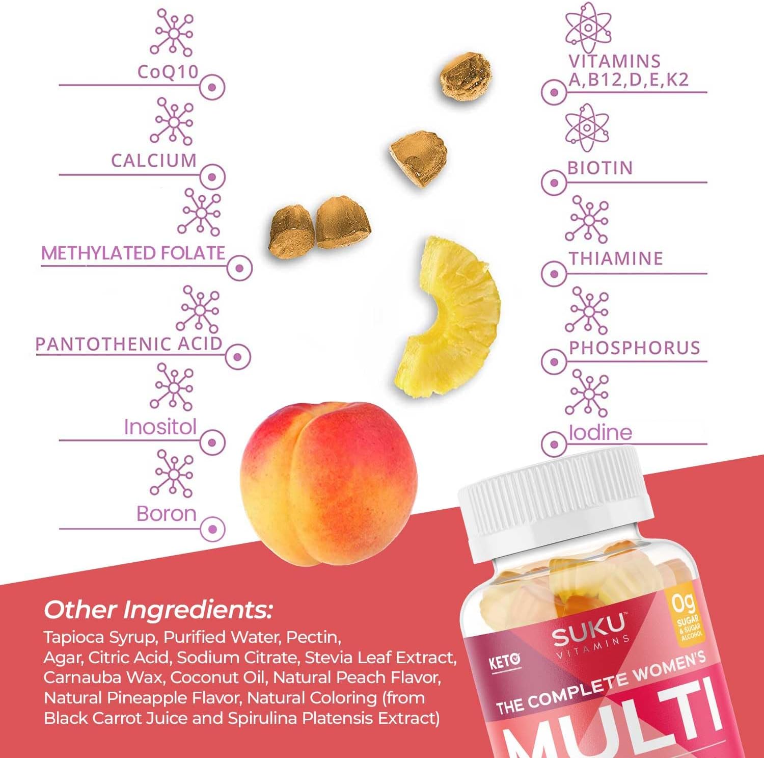 SUKU Multivitamínico Completo para Mujeres - 60 Gominolas sabor Piña y Melocotón