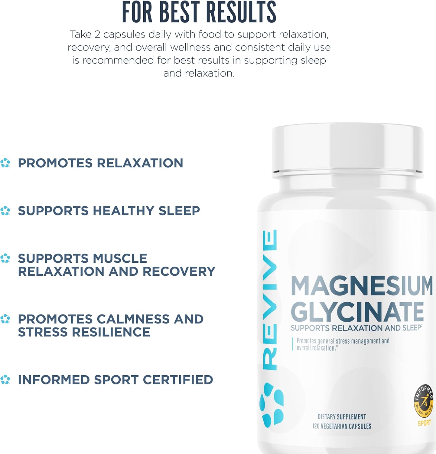 Revive MD Magnesio Glicinato Puro 200 mg – Alta Absorción para Relax y Sueño (120 Cápsulas)
