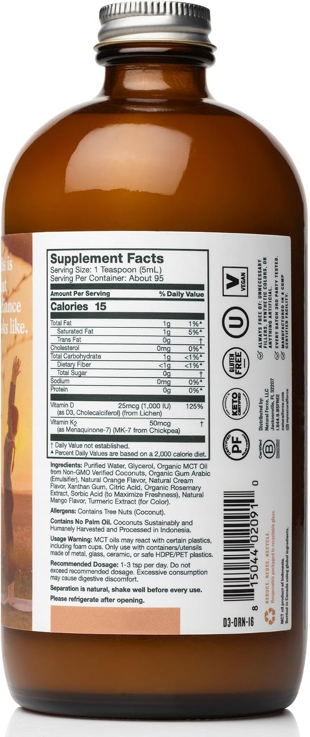 Natural Force Pure Vitamin D – Líquido D3 y K2 con MCT de Coco – 1,000 UI – Vegano – Sabor Naranja Crema – 473 ml
