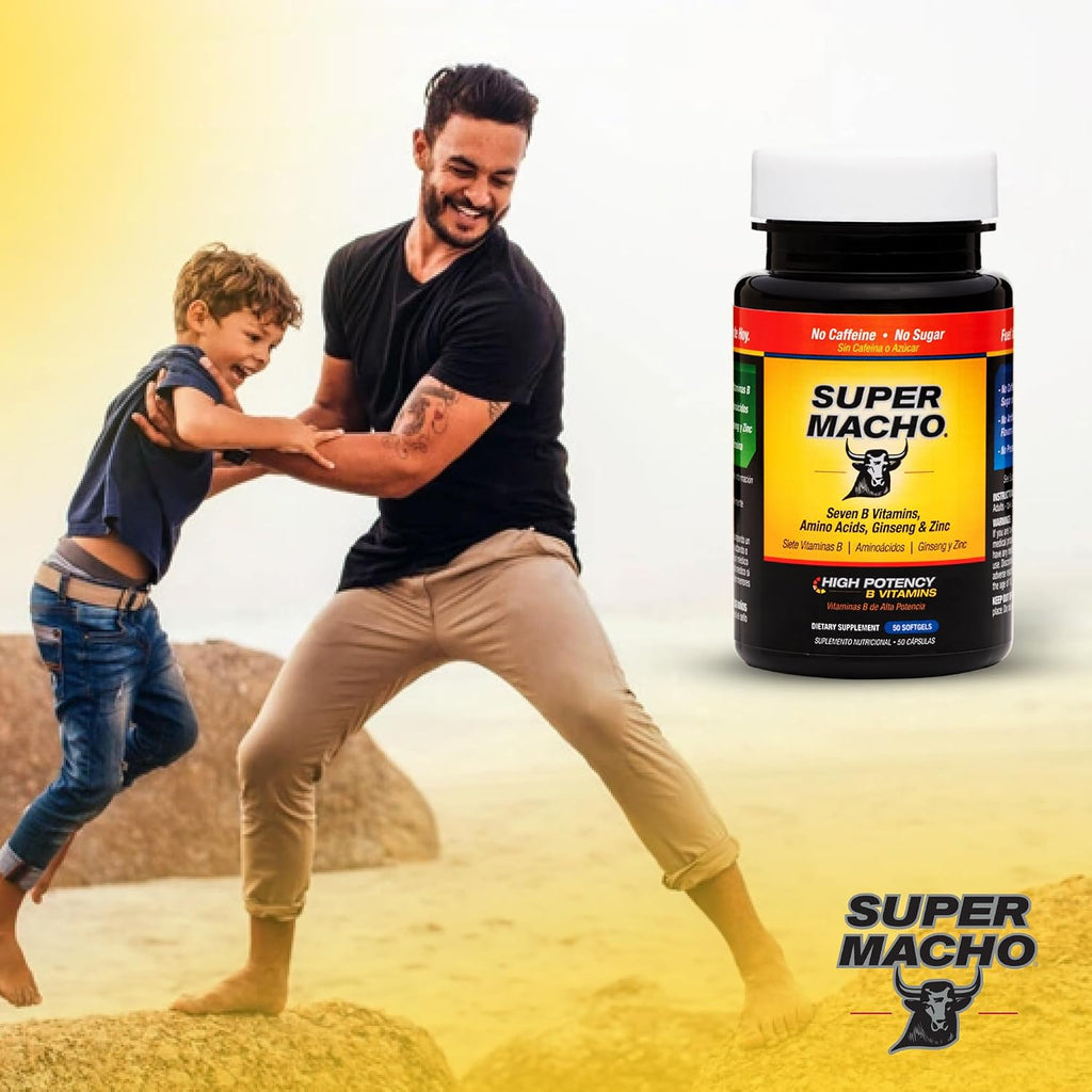 Super Macho, Complejo Vitamínico B y Aminoácidos de Alta Potencia para Hombres Activos, Sin Cafeína ni Azúcar, 50 Cápsulas Blandas