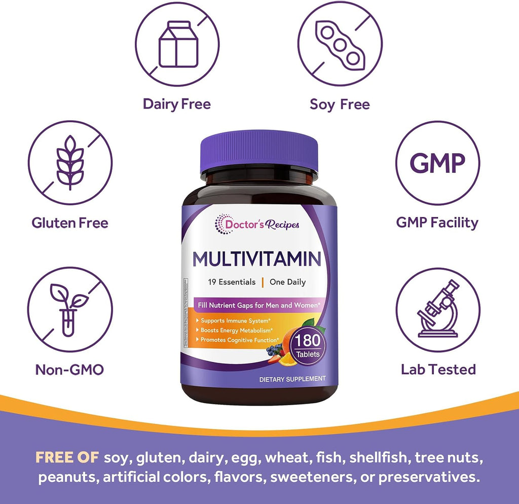 Doctor's Recipes Multivitamínico para Mujeres y Hombres, Apoyo Inmunológico, Energía y Salud Cerebral, con Vitaminas A, C, D3, E, B6, B12, Ácido Fólico, Hierro, Zinc, Cobre, Selenio y Yodo, Sin Gluten, No GMO, 180 Comprimidos