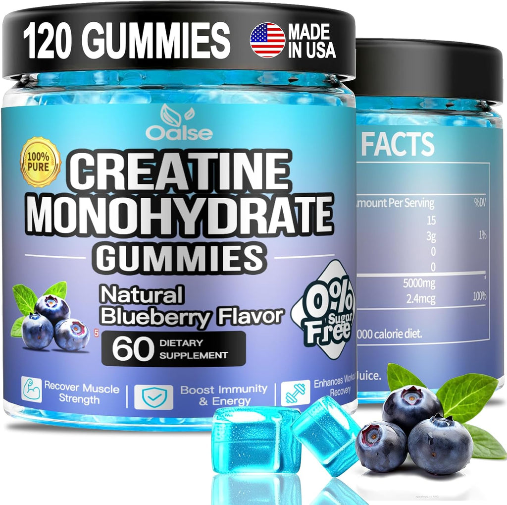 Gominolas de Creatina Monohidrato - 120 unidades (2 envases) - 5000 mg por dosis con Vitamina B12 - Sin Azúcar, Vegano (Arándano)