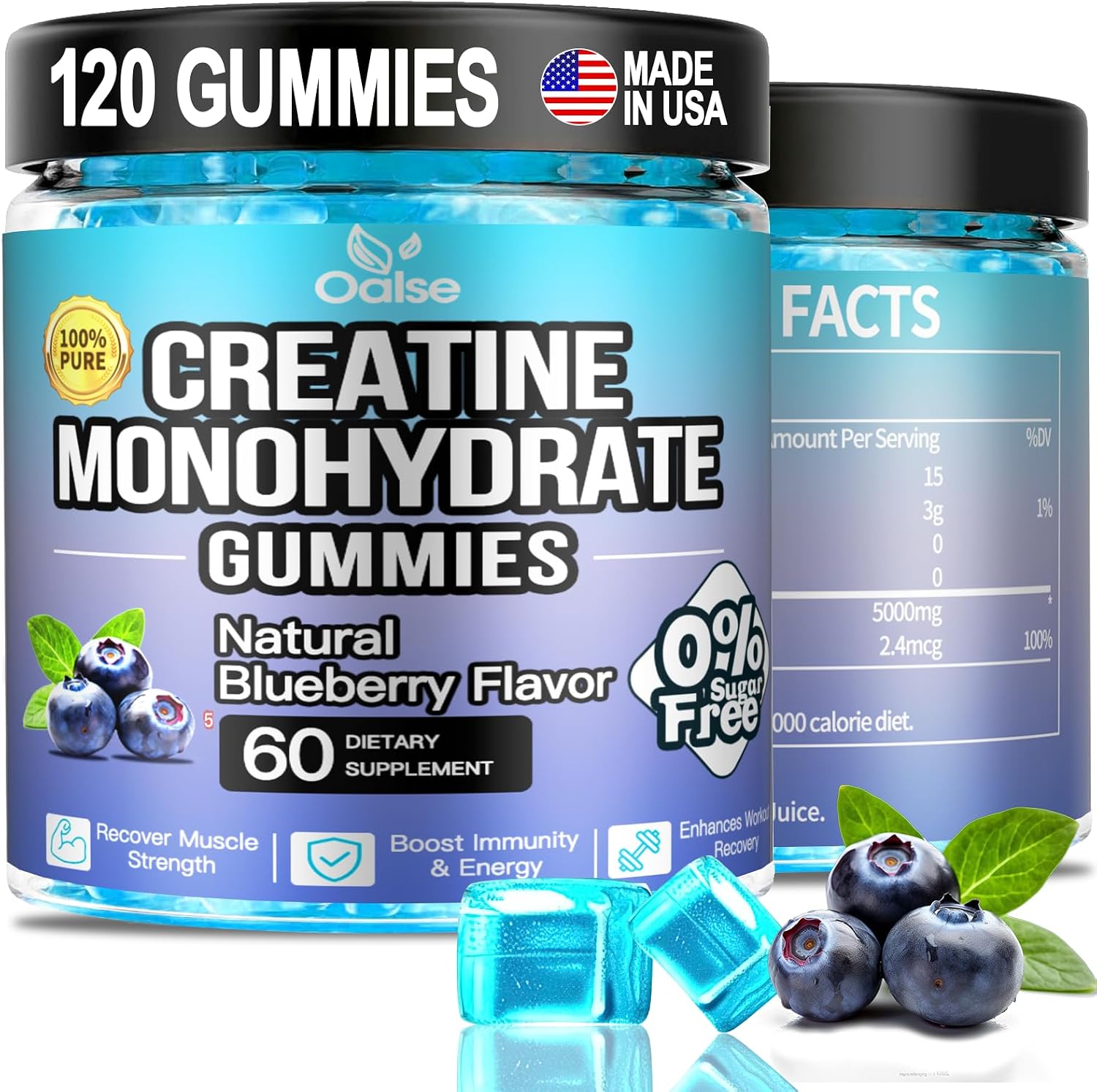 Gominolas de Creatina Monohidrato - 120 unidades (2 envases) - 5000 mg por dosis con Vitamina B12 - Sin Azúcar, Vegano (Arándano)