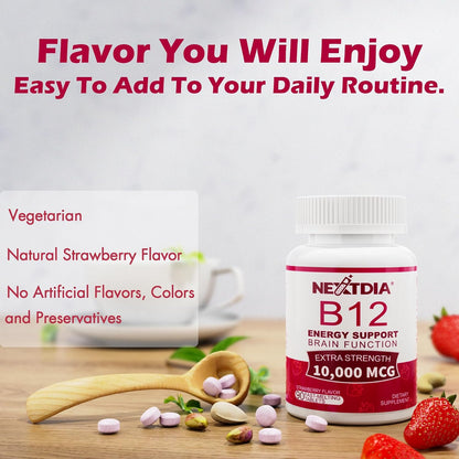 Vitamina B12 Metilcobalamina 10000 mcg – 90 Comprimidos Sublinguales Sabor Fresa – Vegano, Sin Gluten – Image 4