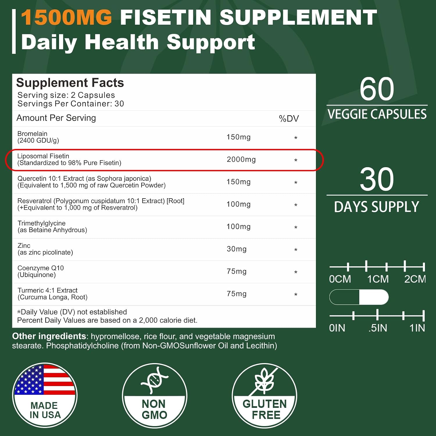Suplemento de Fisetina Liposomal, 2000 mg, 98% Puro, con Quercetina, TMG y Resveratrol, 120 Cápsulas