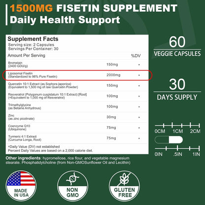 Suplemento de Fisetina Liposomal, 2000 mg, 98% Puro, con Quercetina, TMG y Resveratrol, 120 Cápsulas – Image 2