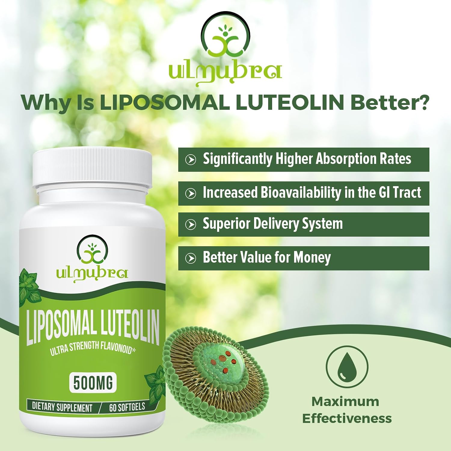 Ulmubra Luteolina Liposomal 500mg, Máxima Absorción, 60 Cápsulas Blandas
