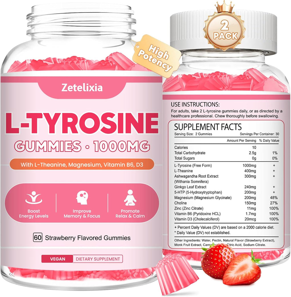Gominolas de L-Tirosina 10-en-1, 2 Paquetes - Suplemento de Tirosina con L-Teanina, B6, D3, Zinc - Apoyo Cognitivo, Memoria, Energía y Estado de Ánimo - Sabor Fresa, 120 unidades