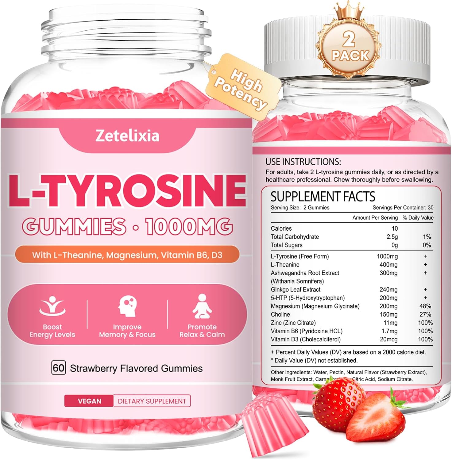 Gominolas de L-Tirosina 10-en-1, 2 Paquetes - Suplemento de Tirosina con L-Teanina, B6, D3, Zinc - Apoyo Cognitivo, Memoria, Energía y Estado de Ánimo - Sabor Fresa, 120 unidades