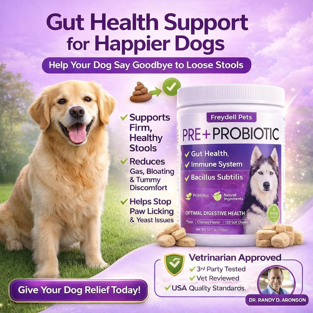 Freydell Pets Probióticos para Perros – Enzimas Digestivas, Prebióticos y Fibra – Salud Intestinal – 120 Chews