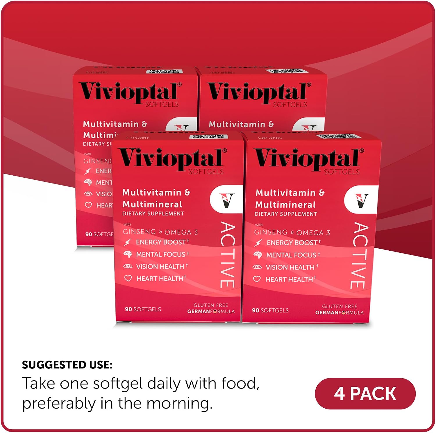 Vivioptal Active, 90 Softgels, Multivitamin with Ginseng and Omega-3, German Formula, Gluten-Free