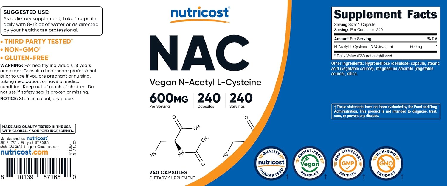 Nutricost N-Acetilcisteína (NAC) 600mg, 240 Cápsulas Vegetarianas - Vegano, Sin OGM, Sin Gluten