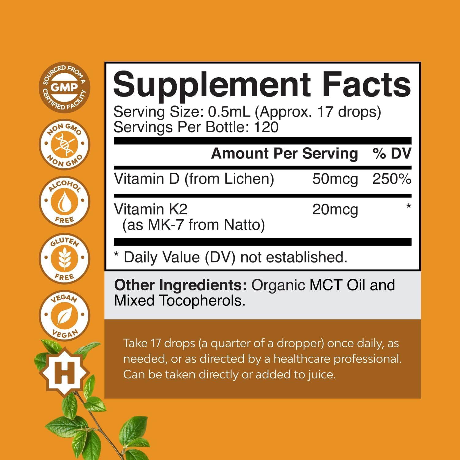 Natures Craft Gotas Líquidas de Vitamina D3 con K2 - 2000 UI por Dosis, Vegano, 60 ml (2 Fl Oz)