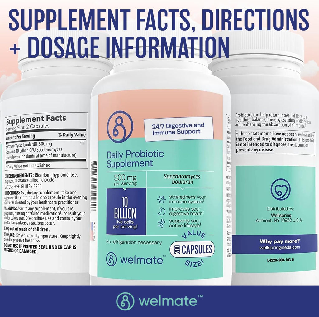 WELMATE Saccharomyces Boulardii 500mg Probiótico 200 Cápsulas