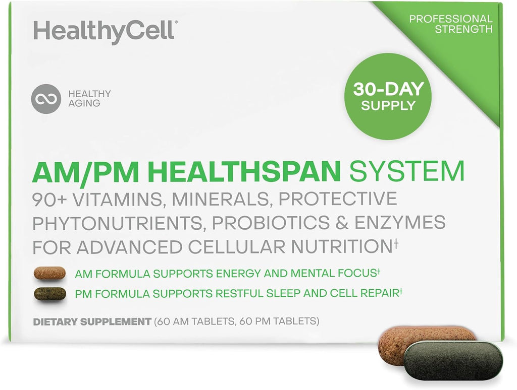 HealthyCell AM/PM Healthspan System - 90+ Vitaminas, Minerales, Fitonutrientes, Probióticos y Enzimas - 60 Comprimidos AM y 60 PM