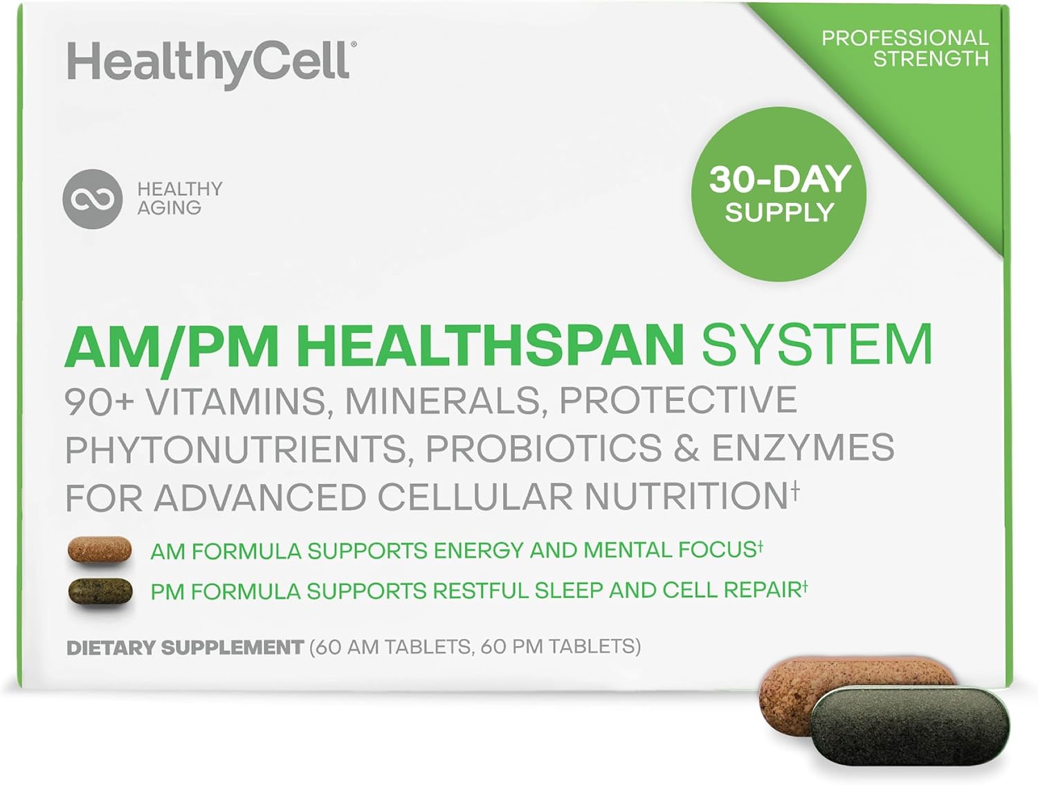 HealthyCell AM/PM Healthspan System - 90+ Vitaminas, Minerales, Fitonutrientes, Probióticos y Enzimas - 60 Comprimidos AM y 60 PM