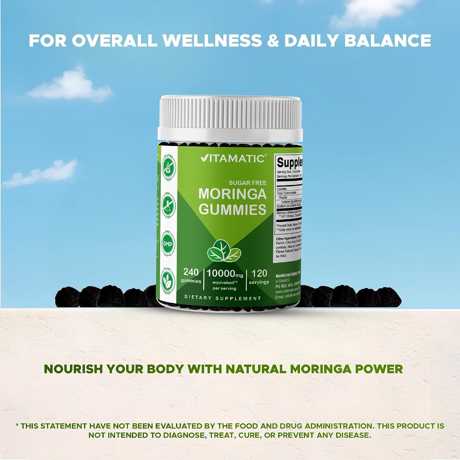 Vitamatic Moringa Gummies – Sin Azúcar – Extracto 50:1 – Superalimento Verde – A base de Pectina – Vegano – No transgénico – 240 Gominolas