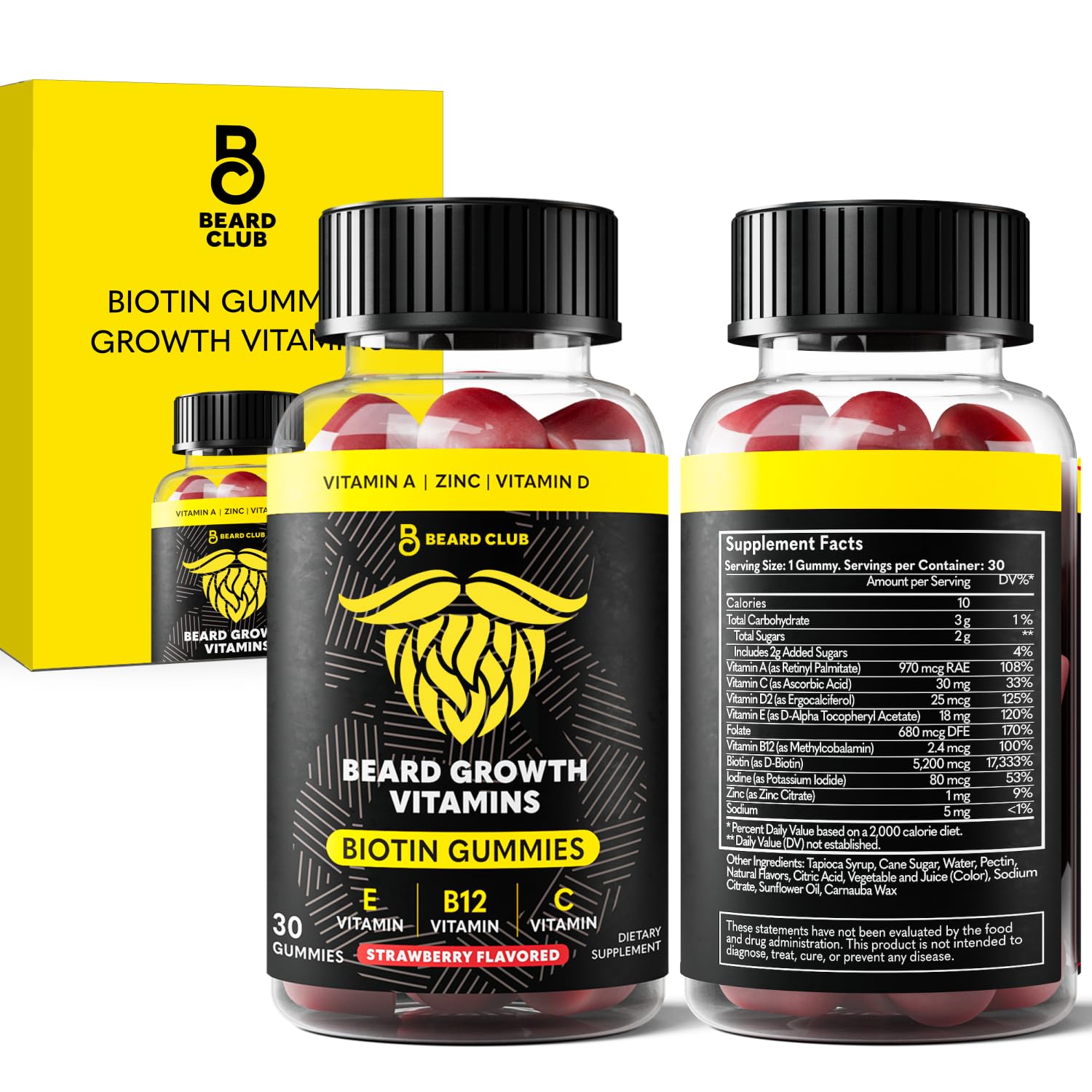 The Beard Club Gominolas de Biotina para el Crecimiento de la Barba - Suplemento Capilar para Hombres con Vitaminas B12, E y C - Sabor Fresa