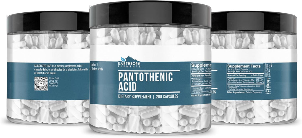 Earthborn Elements Ácido Pantoténico 200 Cápsulas, Puro y Sin Diluir, Sin Aditivos