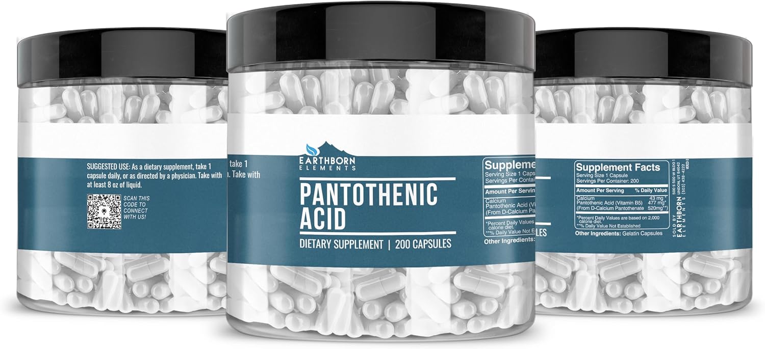 Earthborn Elements Ácido Pantoténico 200 Cápsulas, Puro y Sin Diluir, Sin Aditivos