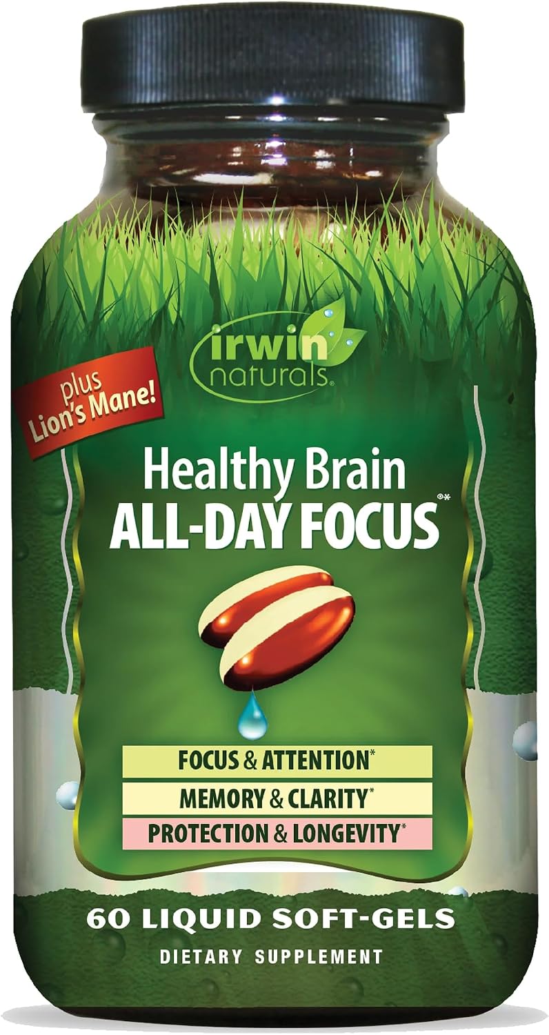 Irwin Naturals Healthy Brain All-Day Focus - Apoyo Nootrópico para la Concentración Diaria, 60 Cápsulas Blandas
