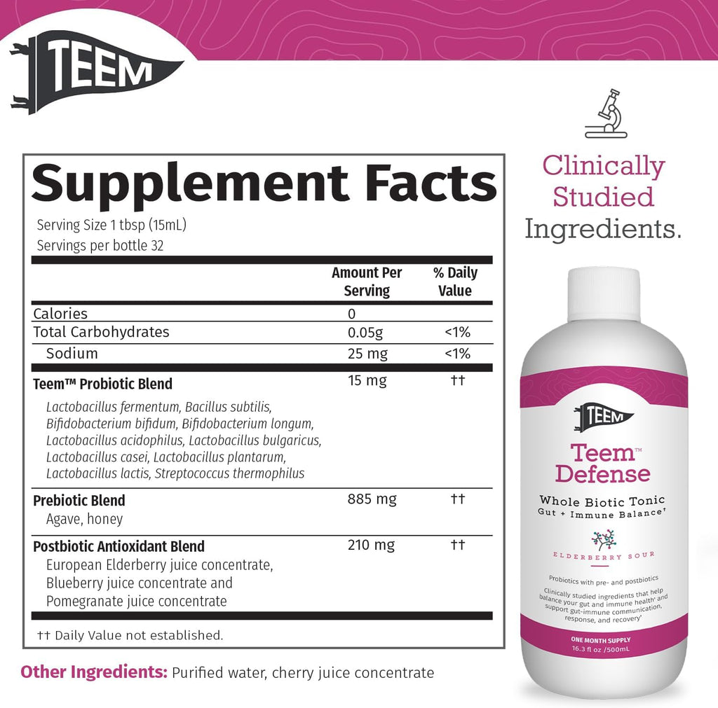 Teem Defense - Probiótico Líquido con Saúco, Prebiótico, Probiótico y Postbiótico, 480 ml