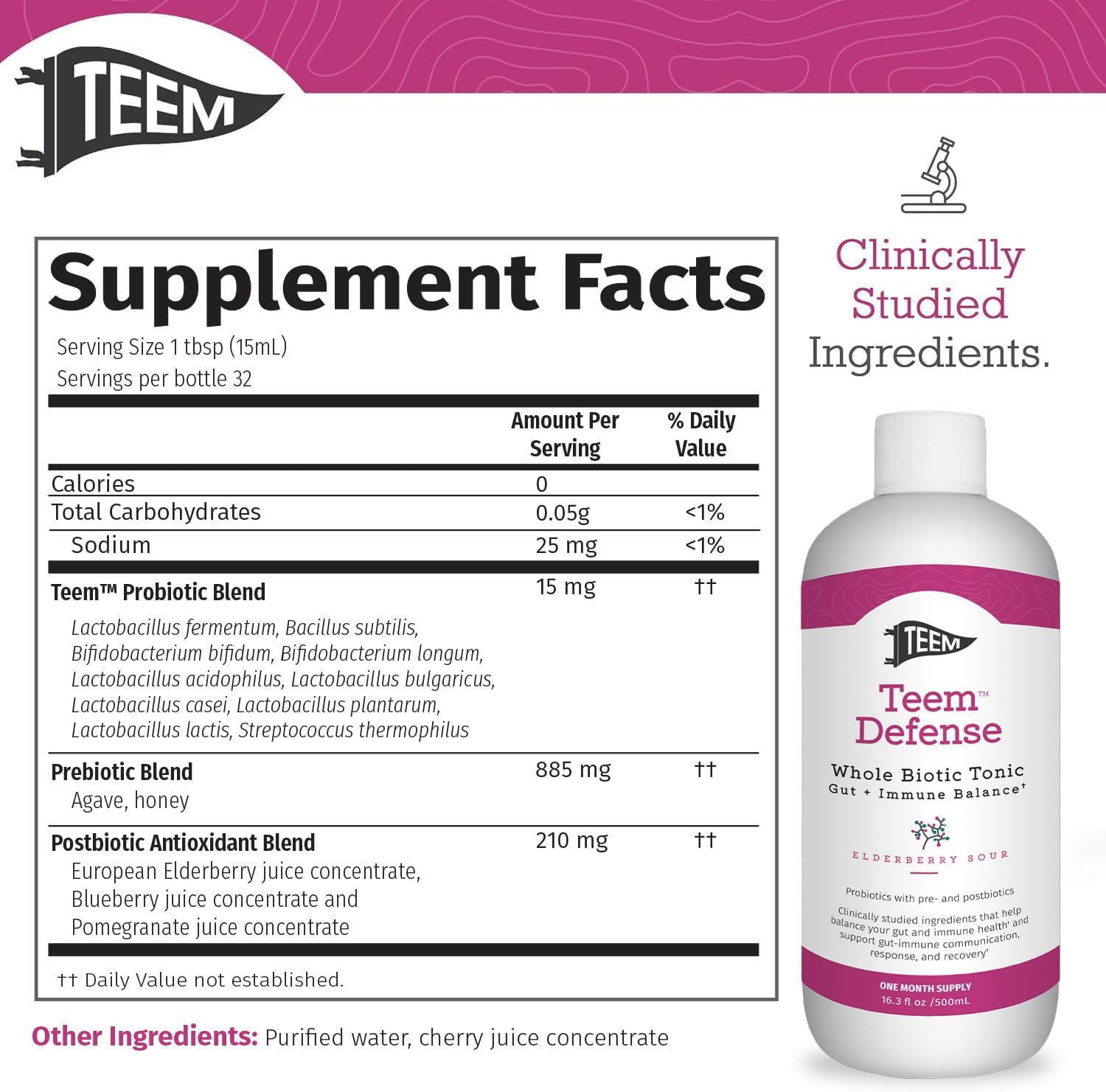 Teem Defense - Probiótico Líquido con Saúco, Prebiótico, Probiótico y Postbiótico, 480 ml