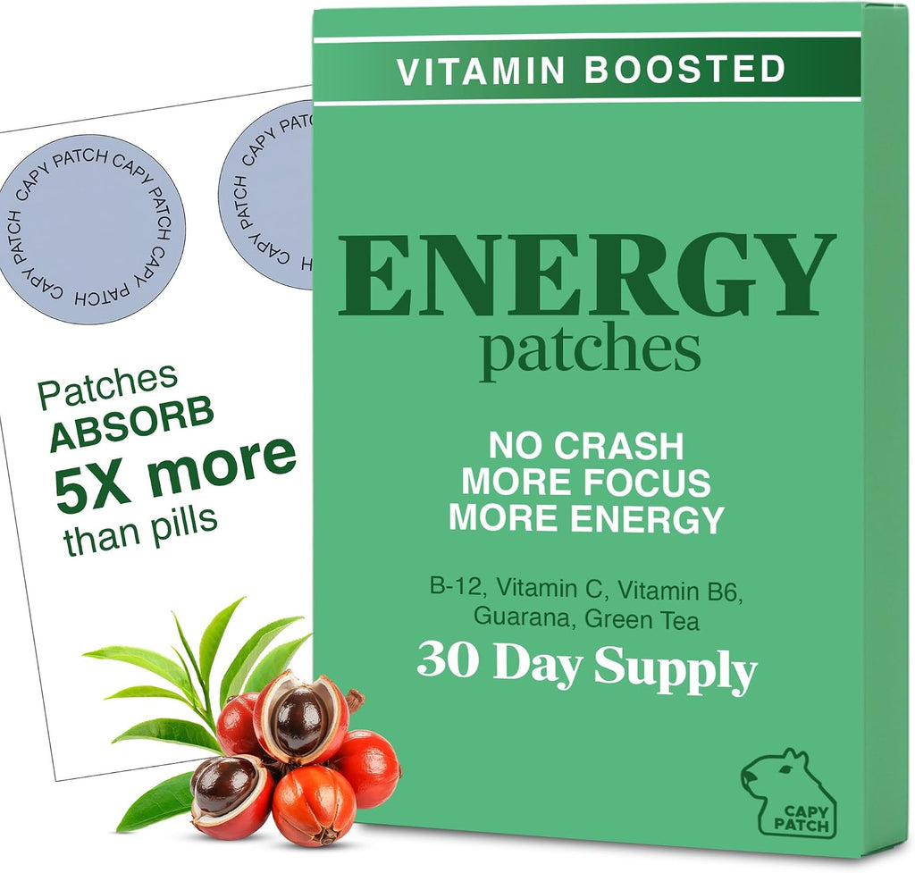 Parche de Energía B12 con Cafeína, Extracto de Té Verde y Guaraná (30 Parches) | Vitamina B6 y B3 para Enfoque y Energía | Refuerzo Vegetal de 12 Horas