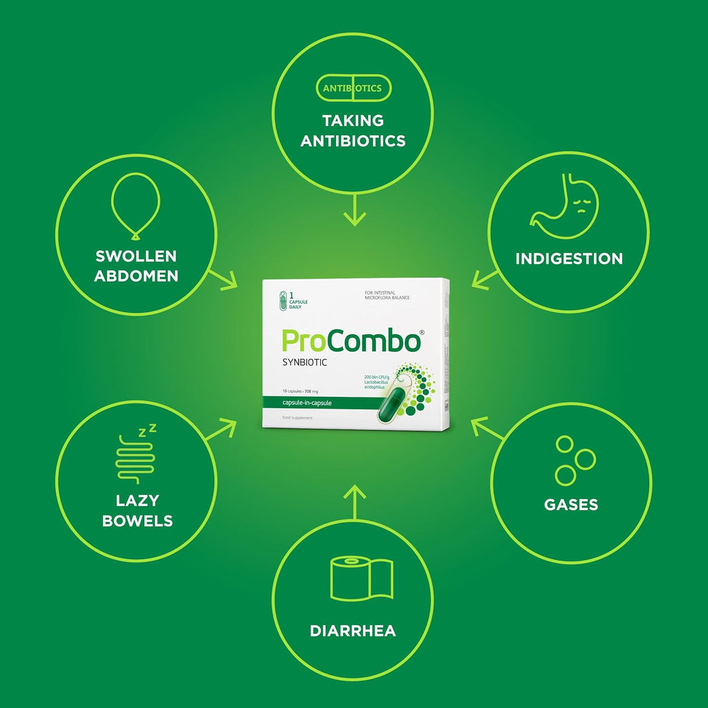 ProCombo - El simbiótico inteligente con liberación dirigida de bacterias buenas. Fórmula de doble cápsula y líquido para resultados rápidos. 1 cápsula al día. Probado en laboratorio (Envase de 1)