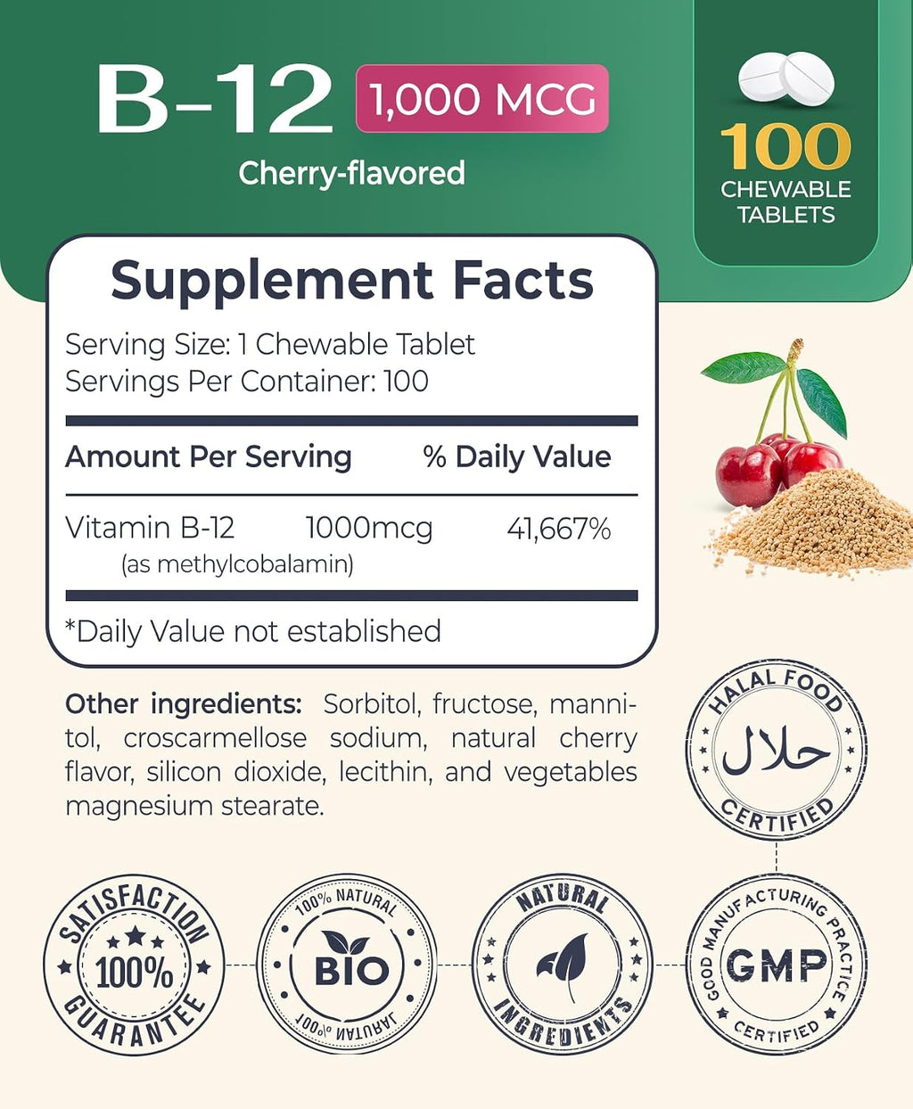 Logos Nutritionals Vitamina B12 Masticable 1000 mcg con Metilcobalamina, Sabor a Cereza - 100 Comprimidos