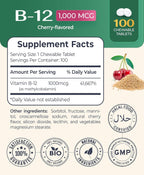 Logos Nutritionals Vitamina B12 Masticable 1000 mcg con Metilcobalamina, Sabor a Cereza - 100 Comprimidos