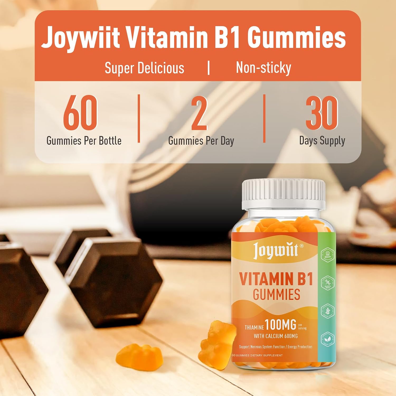 Joywiit Vitamin B1 Gummies 100mg con Calcio, 60 gominolas masticables