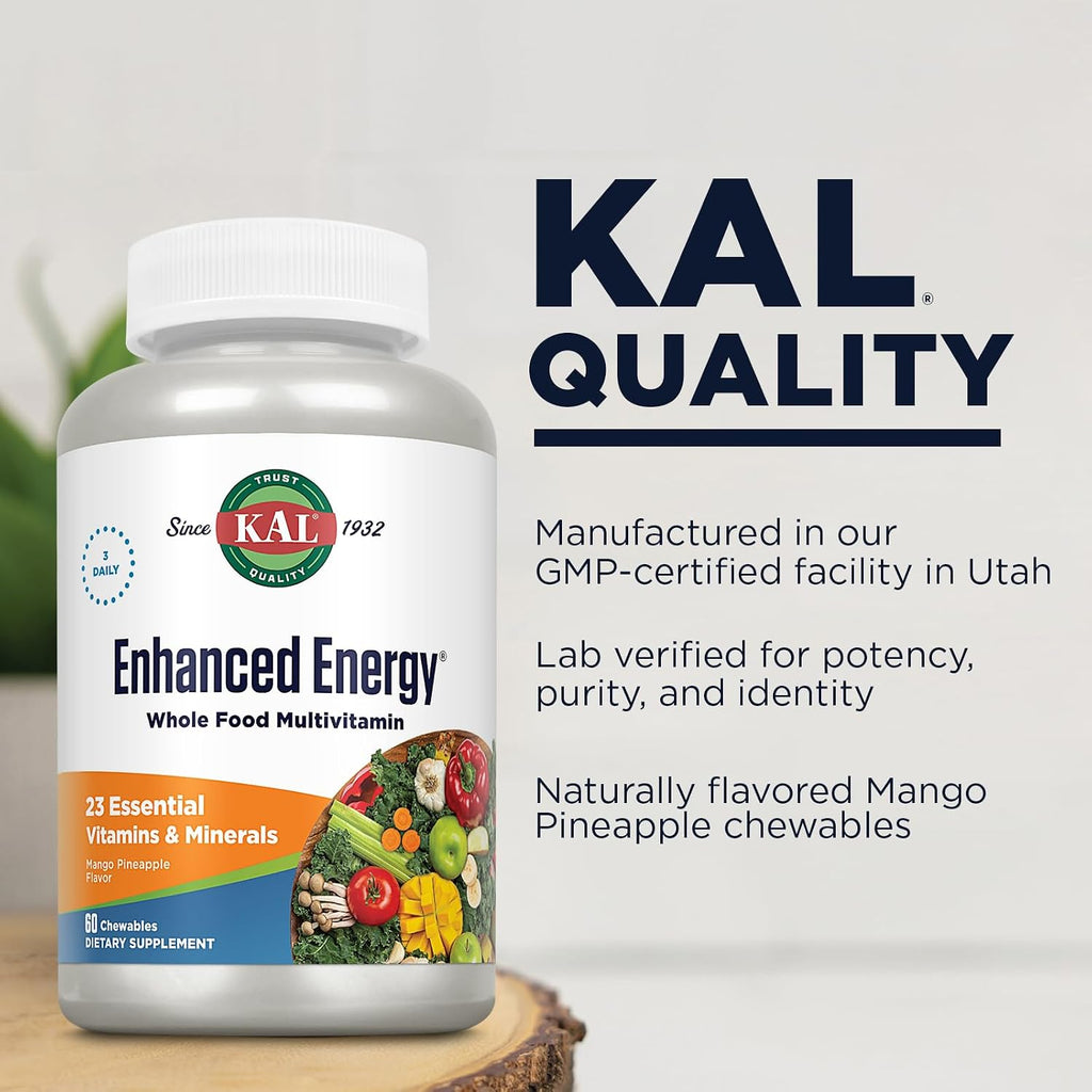 KAL Multivitamin Chewable Enhanced Energy con hierro - Sabor mango piña - 60 comprimidos