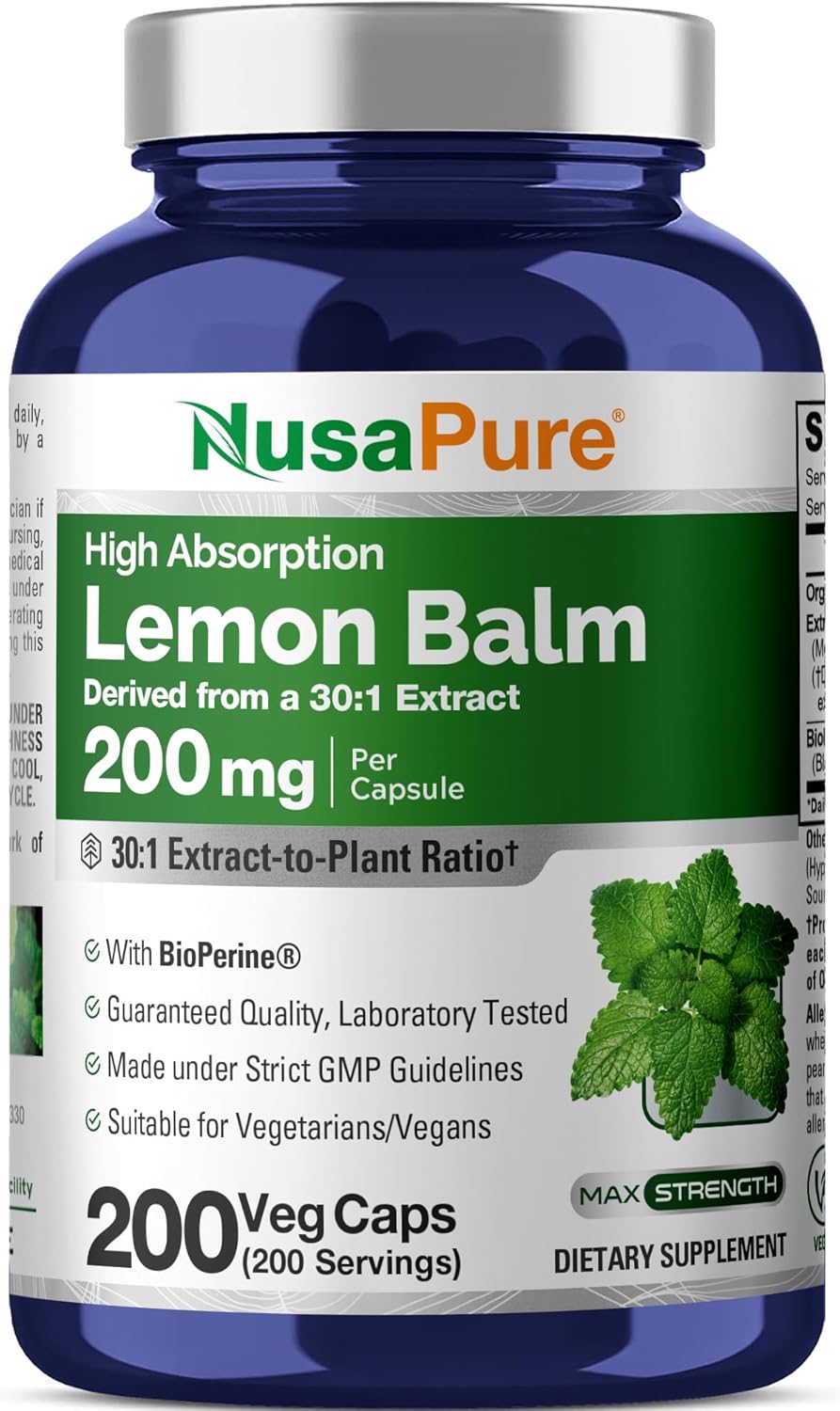 NusaPure Cápsulas de Melisa, 200 mg, 200 Cápsulas Veganas (No GMO, Vegano)