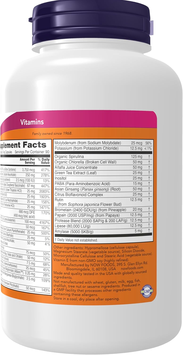 NOW Foods EcoGreen Multi Vitamin con Superalimentos Verdes, Sin Hierro, 180 Cápsulas Vegetales