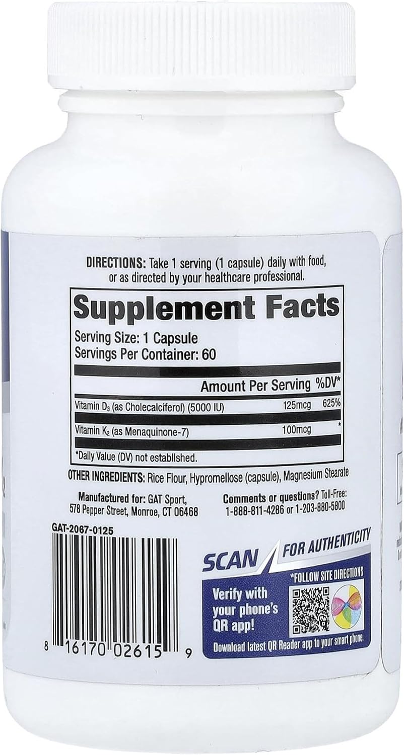GAT SPORT Vitamina D3 K2, 5000 UI, 60 Cápsulas Vegetales