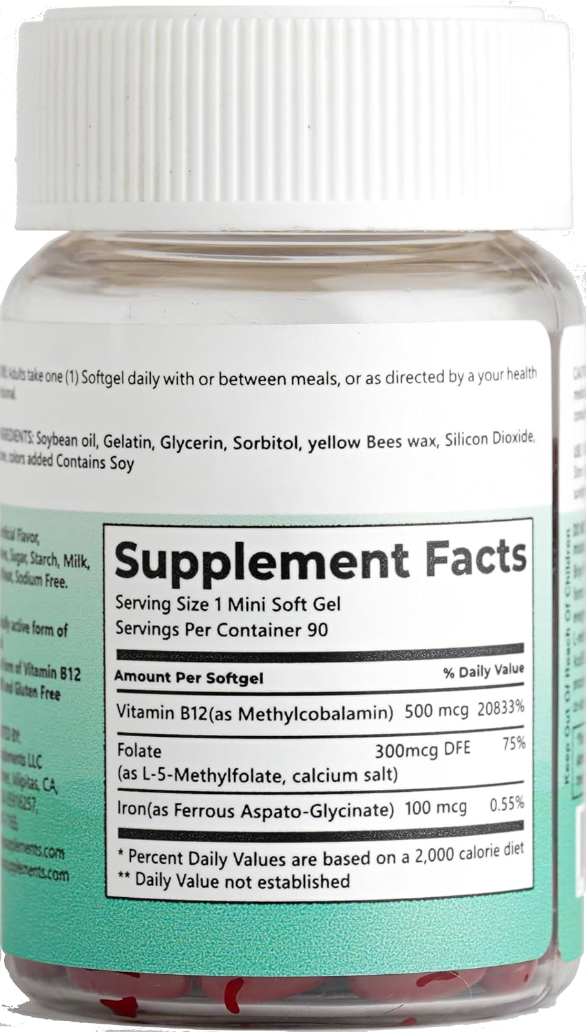 Briyo Vitamin B12 500 mcg (metilcobalamina) con Folato (metilfolato) y Hierro - 90 mini softgels