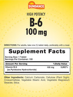 Sundance Vitamina B-6 100mg | 100 Comprimidos | Fórmula de Alta Potencia | Vegetariano, No-GMO y Sin Gluten