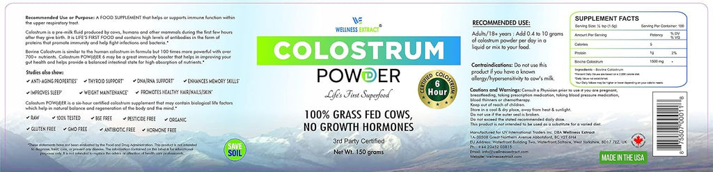 WELLNESS EXTRACT Calostro Bovino en Polvo - Orgánico, Alimentado con Pasto, con Lactoferrina, Rico en IgG, Sin Sabor, 150g