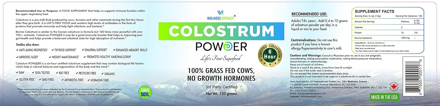 WELLNESS EXTRACT Calostro Bovino en Polvo - Orgánico, Alimentado con Pasto, con Lactoferrina, Rico en IgG, Sin Sabor, 150g