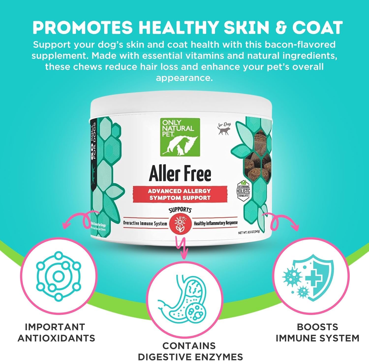 Only Natural Pet AllerFree Apoyo Avanzado contra Alergias para Perros, Apoya Naturalmente el Sistema Inmunológico, Sistema Respiratorio y Piel y Pelaje - 60 Comprimidos (Paquete de 2)