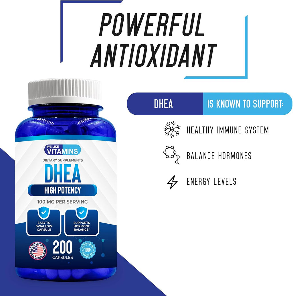 DHEA 100 mg 200 Capsules - High Potency Dehydroepiandrosterone Supplement