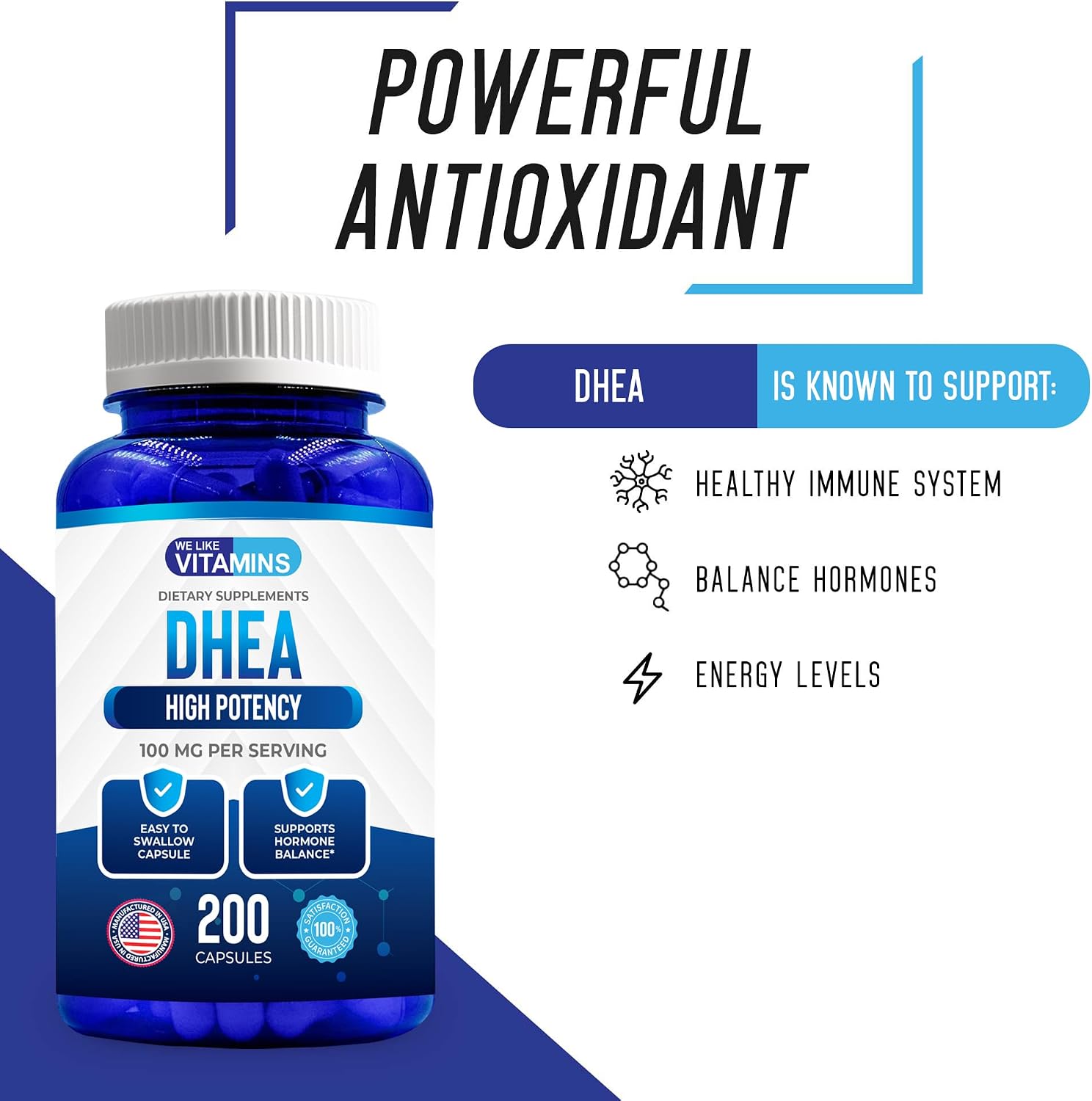 DHEA 100 mg 200 Capsules - High Potency Dehydroepiandrosterone Supplement